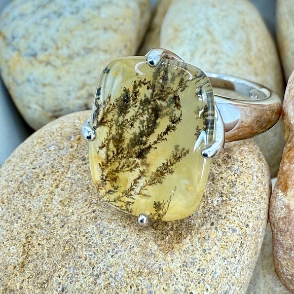 Sterling Silver Moss Agate Ring Size 8 Dendritic Gemstone Nature Inspired 4.3 gr - Picture 6 of 16